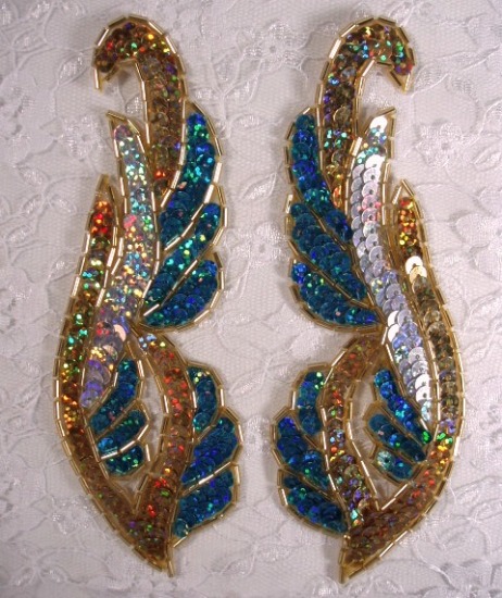 0033 Turquoise Gold Silver Mirror Pair 6"  Sequin Beaded Appliques