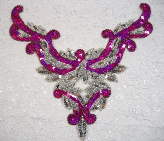 Fuchsia Silver 10.5" Bodice Sequin Beaded Appliques 0194