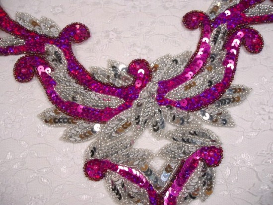 Fuchsia Silver 10.5" Bodice Sequin Beaded Appliques 0194