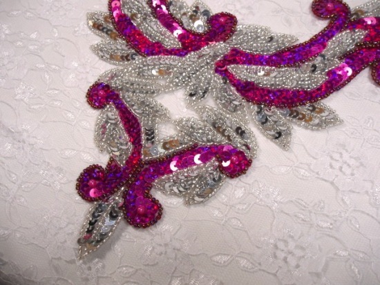 Fuchsia Silver 10.5" Bodice Sequin Beaded Appliques 0194
