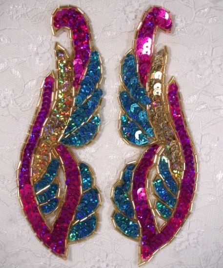 Turquoise & Fuchsia Mirror Pair 6"  Sequin Beaded Appliques  0033