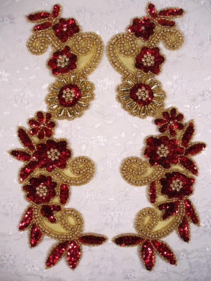 Red Gold 10"  Mirror Pair Sequin Beaded Appliques 0183