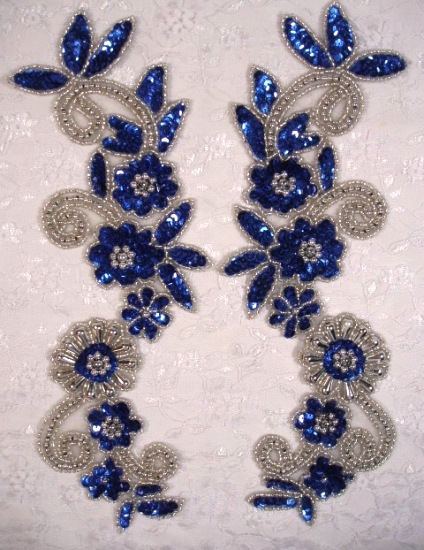 Blue & Silver  Mirror Pair Sequin Beaded Appliques 0183