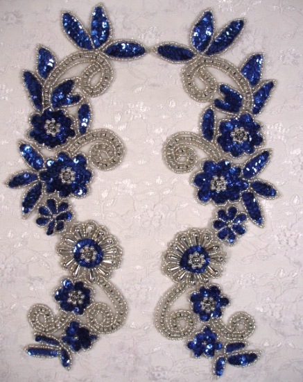 Blue & Silver  Mirror Pair Sequin Beaded Appliques 0183