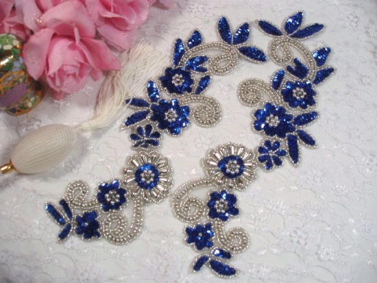 Blue & Silver  Mirror Pair Sequin Beaded Appliques 0183
