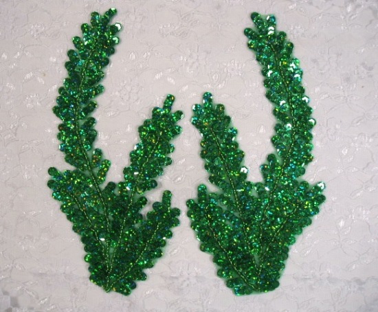 0208 Green Seaweed Sequin Beaded Applique Pair