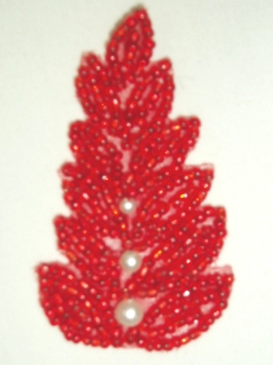 K1397  Red Pearl Leaf Beaded Applique 2.5"