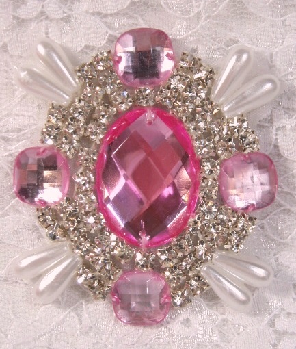 0024 Pink Rhinestone White Pearl Beaded  Applique 2.5"