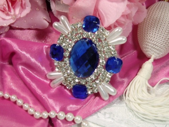 0024 Blue Rhinestone Pearl Beaded  Applique 2.5"