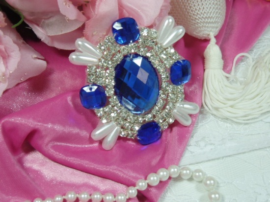 0024 Blue Rhinestone Pearl Beaded  Applique 2.5"