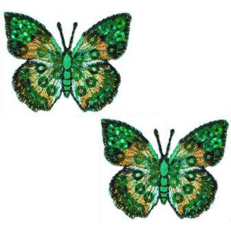 E102  Set of ( 2 ) Green Butterfly Iron on Sequin Appliques 1.75"