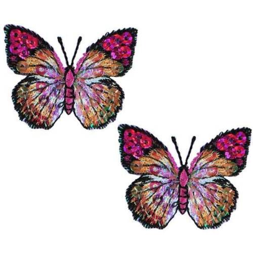 E102  Set of ( 2 ) Purple Butterfly Iron on Sequin Appliques 1.75"