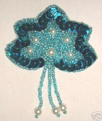 K1464  Turquoise Pearl Leaf  Dangle Sequin Beaded Applique 3"