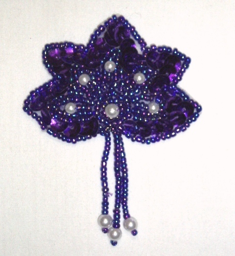 K1464 Purple Pearl Leaf  Dangle Sequin Beaded Applique 3"