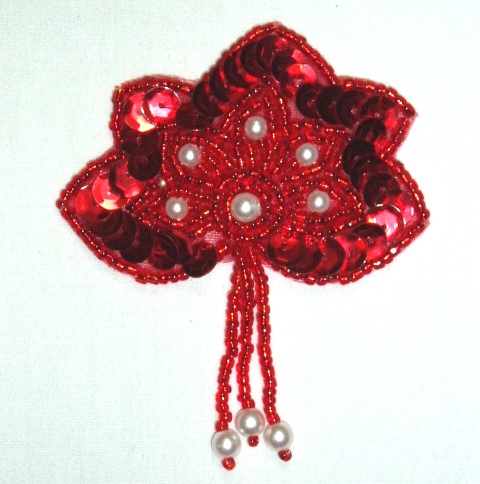 K1464 Red Pearl Leaf  Dangle Sequin Beaded Applique 3"