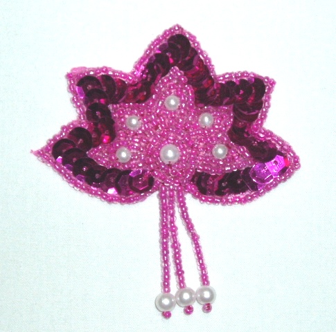 K1464 Fuchsia Pearl Leaf  Dangle Sequin Beaded Applique 3"