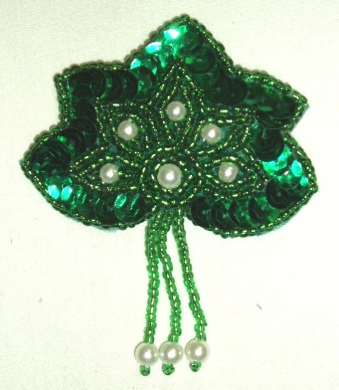 K1464  Green Pearl Leaf  Dangle Sequin Beaded Applique 3"