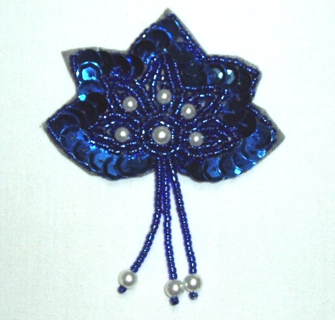 K1464  Blue Pearl Leaf  Dangle Sequin Beaded Applique 3"