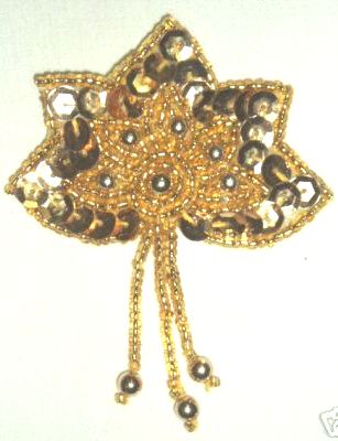 K1464 Gold  Leaf  Dangle Sequin Beaded Applique 3"