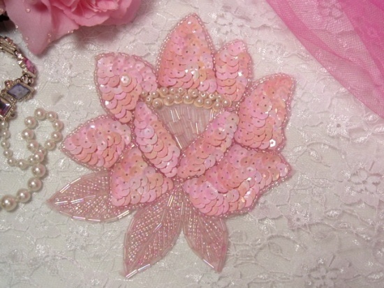 K8108  Pink opaque  AB Rose Sequin Beaded Applique 5.25"