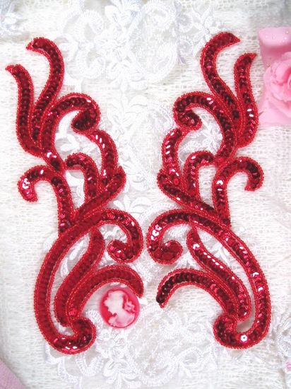 0170 Red Mirror Pair Sequin Beaded Appliques 9"