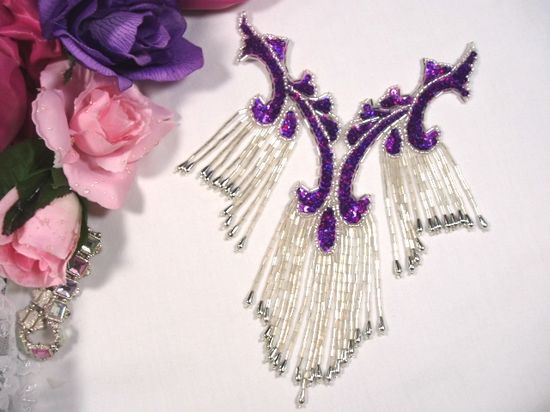 0181 Purple Silver Collar Sequin Beaded Applique  8.5"