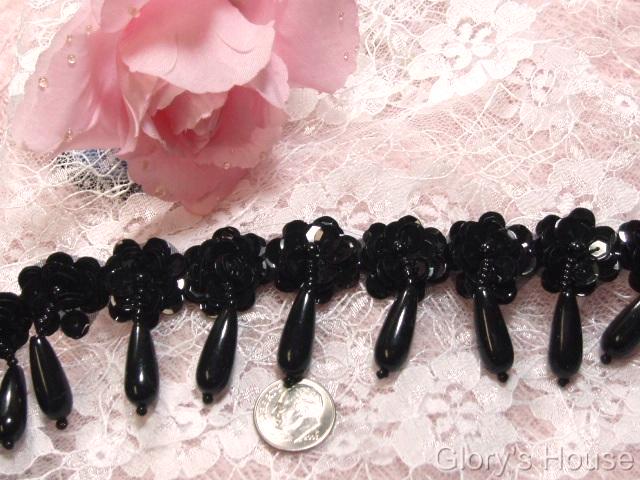 T8900D Black Dangle Sequin Beaded Applique or Trim