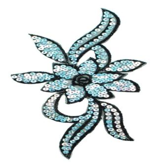 E1312  Black Silver Floral Holographic Sequin Applique 9.75"