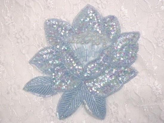 K8108  Lt. Blue Crystal Flower Sequin Beaded Applique 5.25"