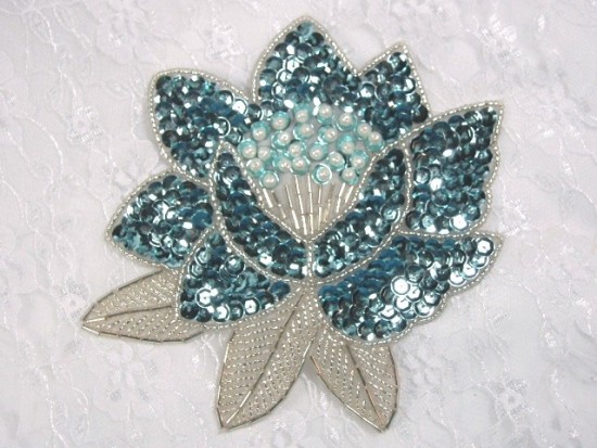 K8108  Aqua Ice Blue Sequin Beaded Applique 5.25"