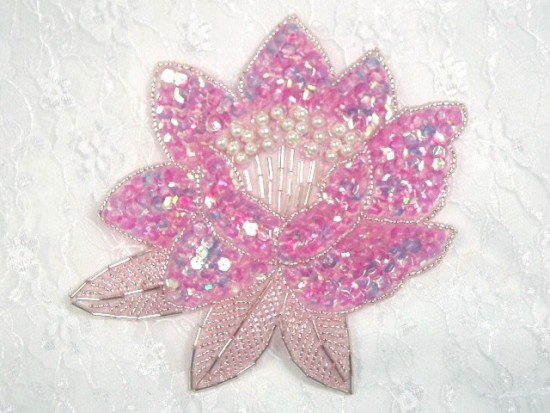 K8108  Pink Crystal Sequin Beaded Applique 5.25"