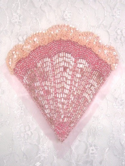K8246  Pink Opaque Victorian Fan Sequin Beaded Applique 4.75"