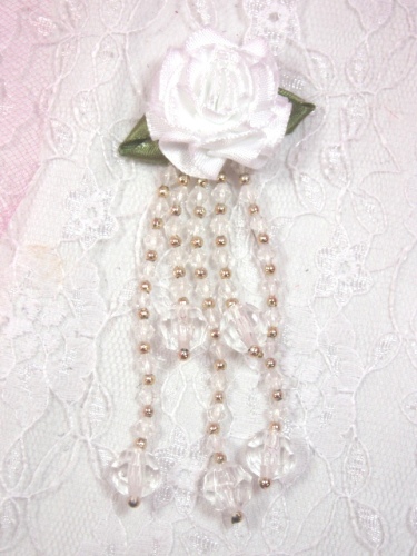 VD21  White Floral Dangle Beaded Applique 3.75"