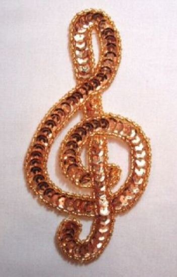 K9304 Sm Gold G Clef Musical note Sequin Beaded Applique 4.75"