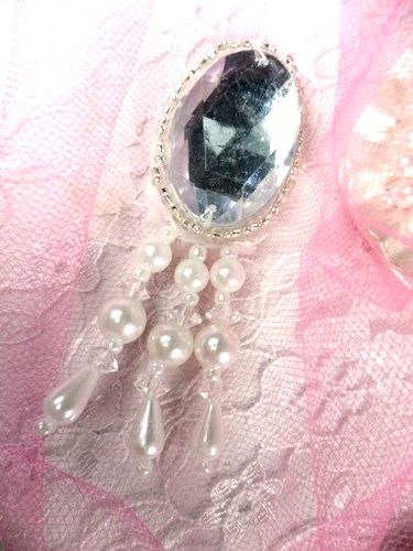 0341 Reduced Silver White Jewel Dangle Beaded Applique 3"
