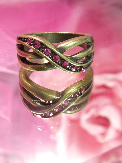 654  Pink Rhinestone Antique Gold Vintage Ring sz. 7.75