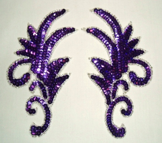 K8101 Purple Silver Claw Mirror Pair  6.75" Sequin Beaded Applique