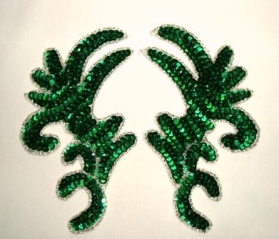 Green Silver Mirror Pair  6.75" Sequin Beaded Applique K8101