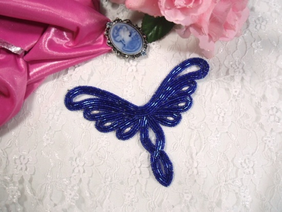 K8107  Royal Blue Pearl Collar Motif  Beaded Applique 5.25"