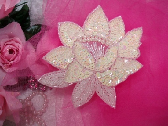 K8108 White AB Rose Sequin Beaded Applique 5.25"
