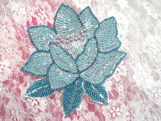 K8108  Blue Opaque Sequin Beaded Applique 5.25"