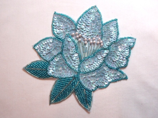 K8108  Blue Opaque Sequin Beaded Applique 5.25"