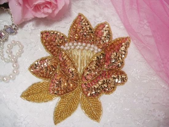 K8108  Gold Rose Sequin Beaded Applique 5.25"