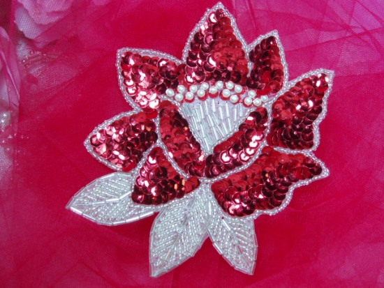 K8108  Red Rose Sequin Beaded Applique 5.25"