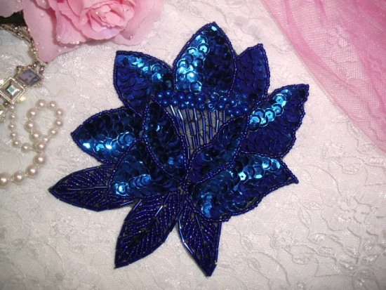 K8108  Royal Blue Rose Sequin Beaded Applique 5.25"