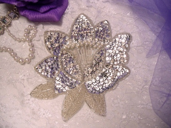 K8108  Silver Rose Sequin Beaded Applique 5.25"