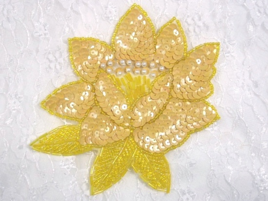 K8108  Yellow Opaque Sequin Beaded Applique 5.25"