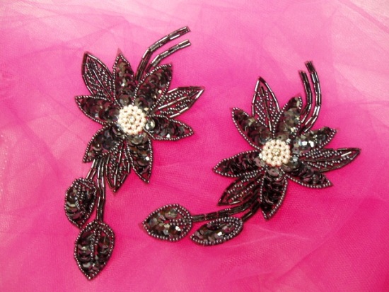 K8109  Gunmetal Mirror Pair Sequin Beaded Appliques 5.5"