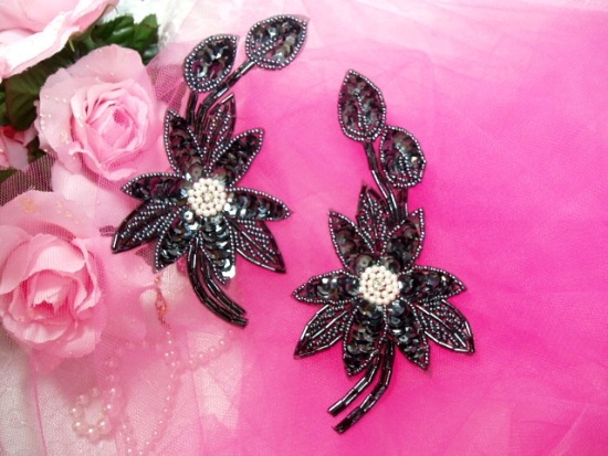 K8109  Gunmetal Mirror Pair Sequin Beaded Appliques 5.5"