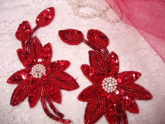 K8109  Red Mirror Pair Sequin Beaded Appliques 5.5"